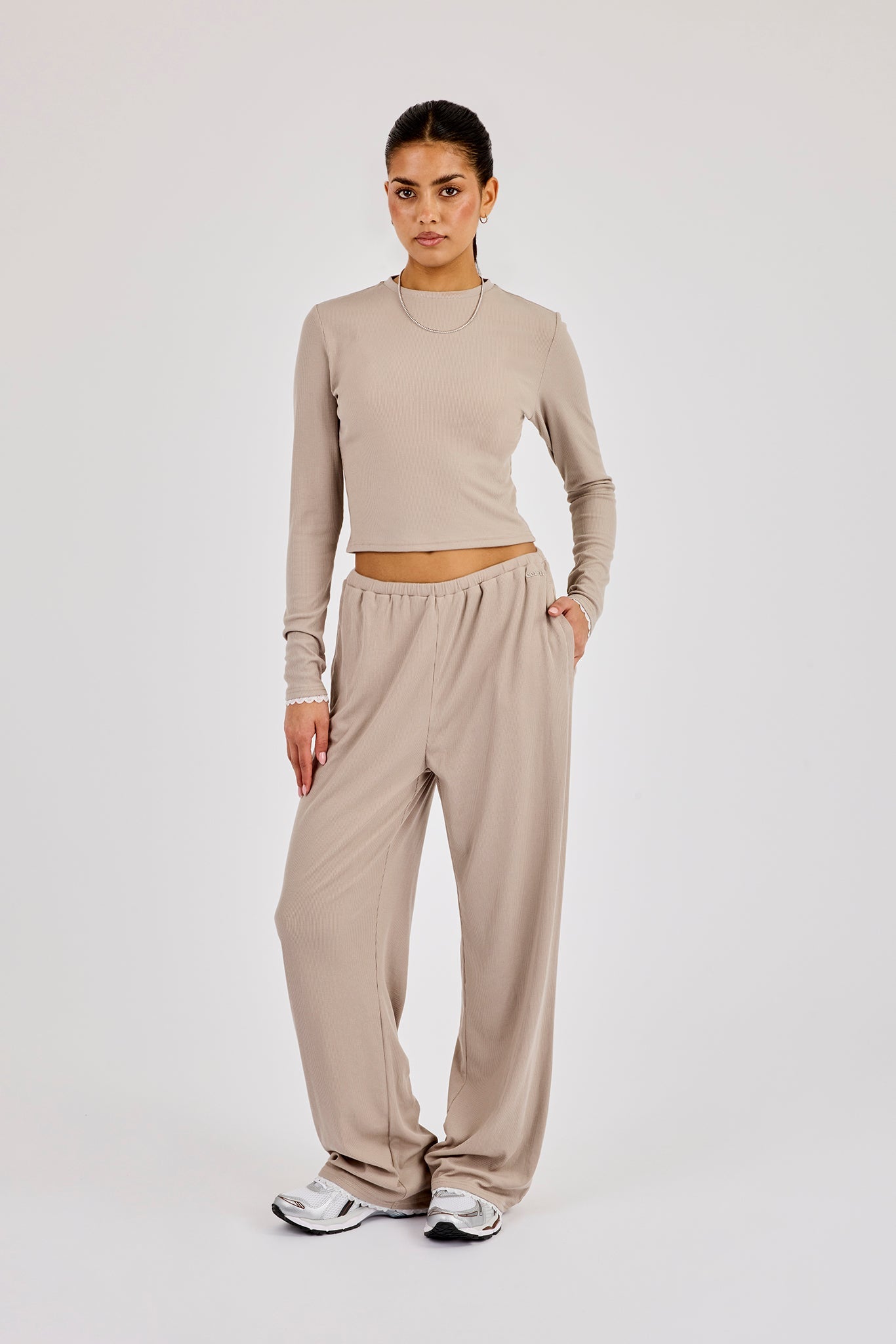 Soft Touch Ribbed Long Sleeve T-Shirt & Trouser - Taupe